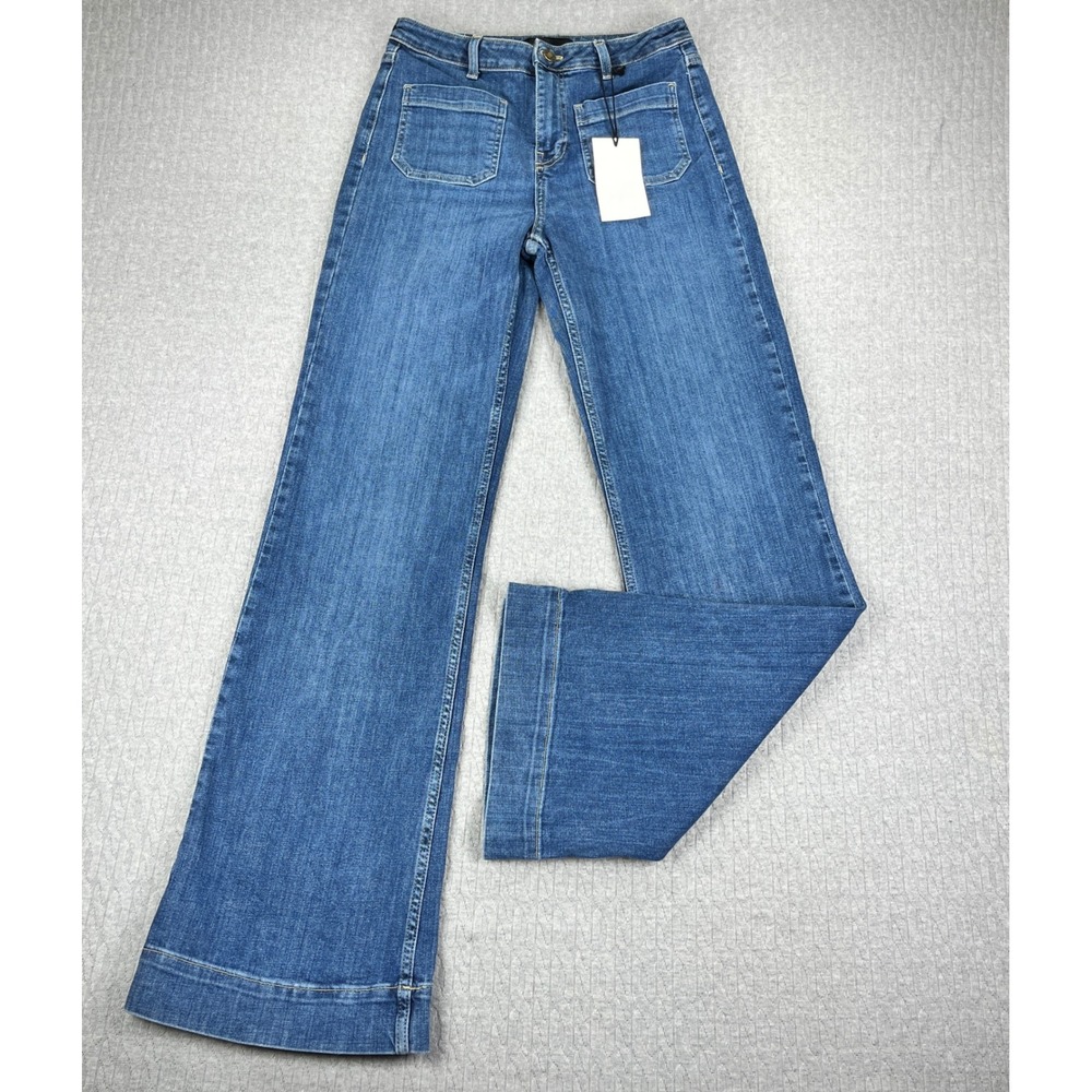 New Zara Bootcut Wide Leg Jeans Women 6 Blue High Rise medium wash Patch Pocket